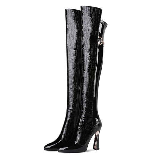 Knee-High Platform Pointed High Heeled Leather Boots