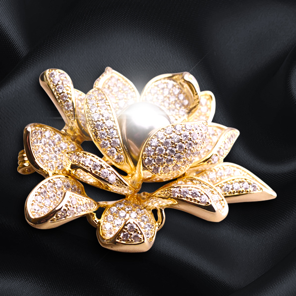 Lotus Flower Brooch with Freshwater Pearls