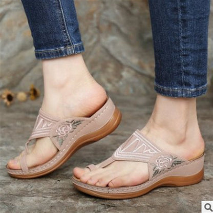 Embroidered Wedge Sandals with Flat Toe for Women