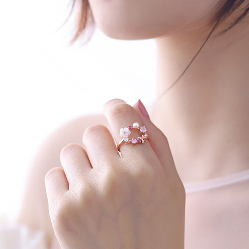 Japanese Cute Fresh Pink Zircon Flower Ring for Women