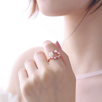 Japanese Cute Fresh Pink Zircon Flower Ring for Women