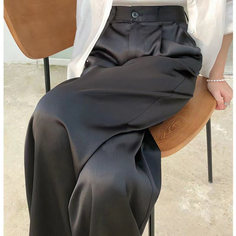 Women's Black Wide-Leg Satin Trousers for Spring/Summer