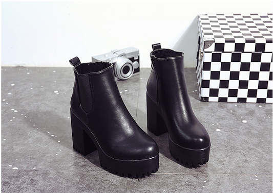 New Women's Round Toe Chunky Heeled Ankle Boots