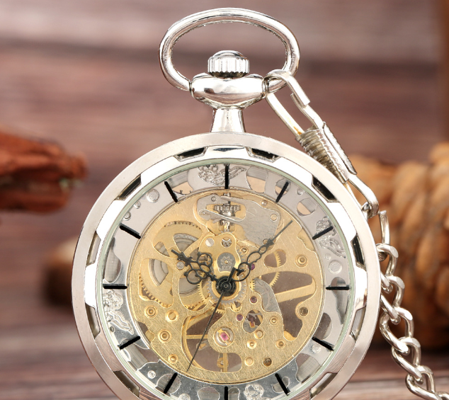 Vintage Large Transparent Skeleton Mechanical Pocket Watch