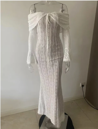 Elegant Off-Shoulder Flared Sleeve Sheath Dress