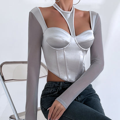 Sexy Low-Cut See-Through Mesh Halter Top for Women