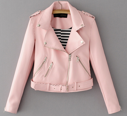 Fashionable Short PU Leather Jacket with Belted Waist
