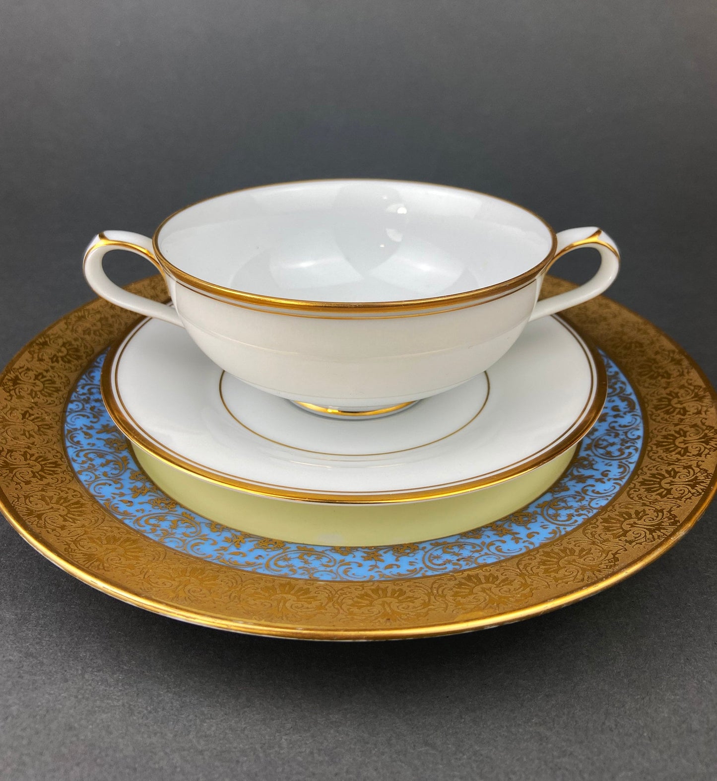 Vintage Noritake Allison Porcelain Soup Bowls & Saucers, Gold Wedding Band China, Set of 7