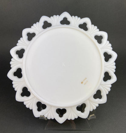 Westmoreland Milk Glass Decorative Plates with Hand Painted Violets,  Cherry Blossom, and Fruit.  Set of Four Plates with Reticulated Rim.