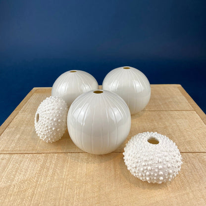 White, Porcelain Modern Vases. Set of Three Sperical Vases with Small Mouths and Fluting. Perfect for Breakfast Tray. Minimal Home Decor.
