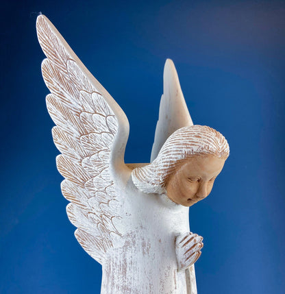Wooden Hand Carved Angel Figurine. Large Limited Edition, #15, Angel Statue. Stunning Sculpute of Praying Angel. Candle Holder or Art.